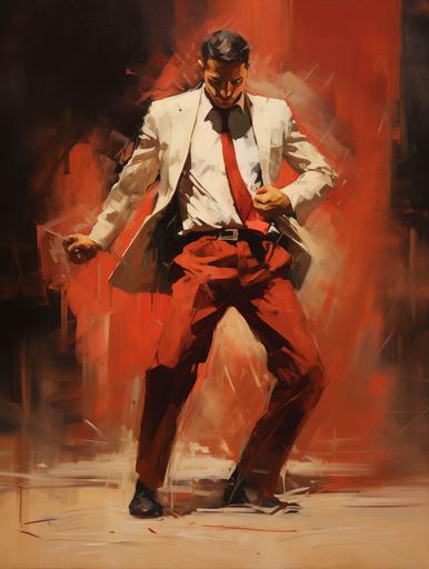 Large brush oil painting - full-body standing 1930s hispanic with thin moustache, black and white striped suit, duelling sword:: in hand. Dynamic pose, William Wray, Aleksander Rostov, desaturated colors --ar 3:4