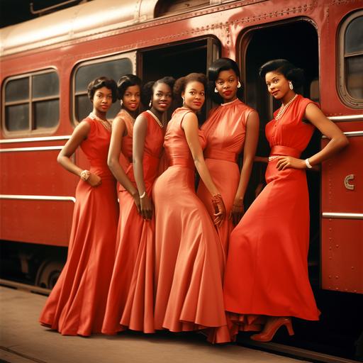 6 brown ladies wearing red dresses with white gloves in a 