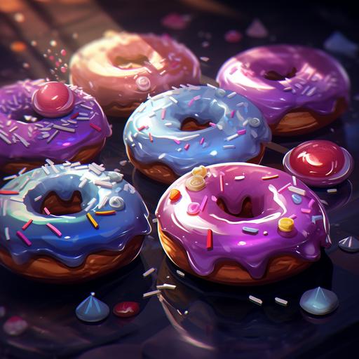 cartoon shiny donuts that look so enticing because they’re saturated and full of color. They have diamonds, amethyst, pearls, and portals as the sprinkles