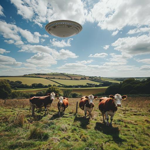 6 cows in a field chilling while one ufo disc tries to abduct one of them