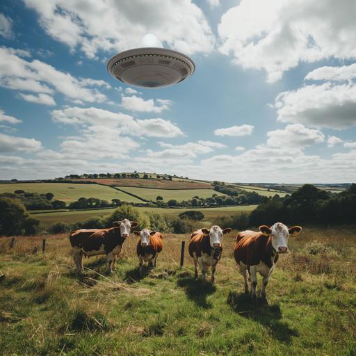 6 cows in a field chilling while one ufo disc tries to abduct one of them