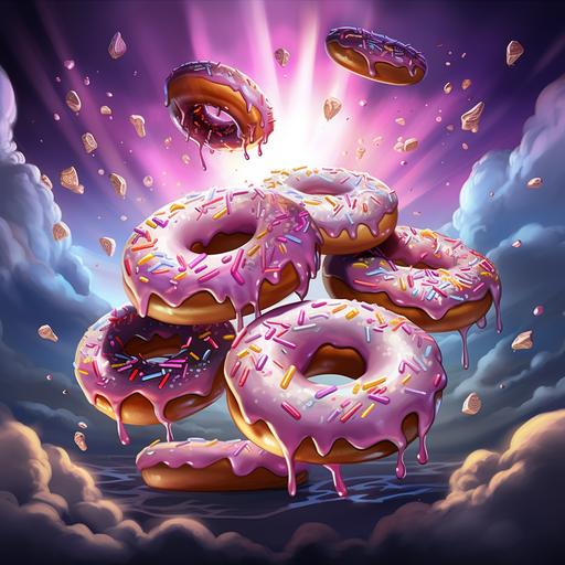 creepy cartoon donuts with diamonds, lots of shadows and special effects, they are full of life, pay attention to the details please, use amethyst stones as sprinkles on top of the donuts. They are floating in clouds with lightning and Egyptian hieroglyphics