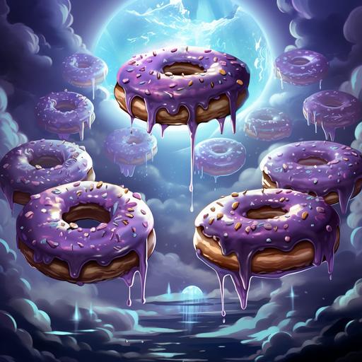 creepy cartoon donuts with diamonds, lots of shadows and special effects, they are full of life, pay attention to the details please, use amethyst stones as sprinkles on top of the donuts. They are floating in clouds with lightning and Egyptian hieroglyphics