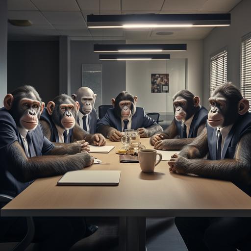 6 monkeys dressed like Boeing executives meeting around table at Boeing headquarters, in suits, being monkeys with boeing logo on wall