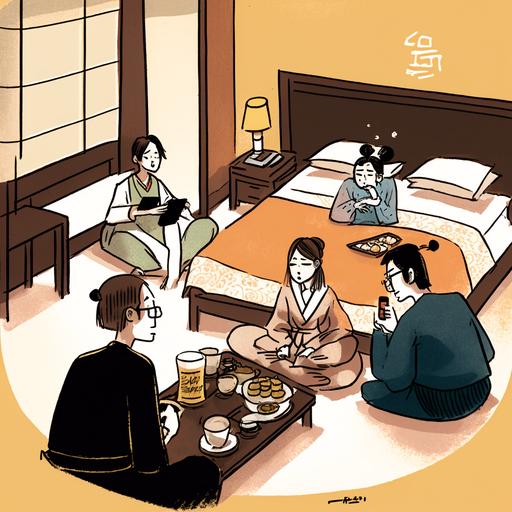 These 6 people are in a Japanese hotel. There are 3 men sitting on the floor around a small ,square coffee table. 1 wemen is lying one one man’s shoulder, they are couple. The other 2 woman are lying on bed, one of them is using her phone. There are smoked ham and Japanese sake “大信州 “ on the coffee table, all of them have a happy talk.
