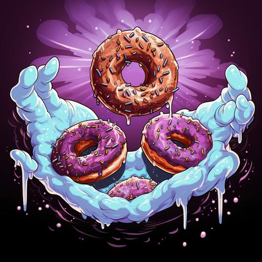 the devil spinning creepy cartoon donuts with diamonds, lots of shadows and special effects, they are full of life, pay attention to the details please, use amethyst stones as sprinkles on top of the donuts. They are floating in clouds with lightning and Egyptian hieroglyphics, on his finger