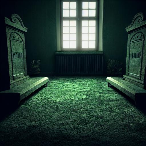 6 tombstones in basement, green carpet, couch, creepy, photorealistic, rendered in 8k, ultra detailed, dark lighting  --testp  --creative --upbeta