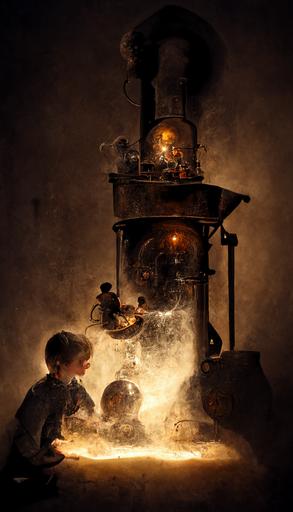 6 year old children shoveling coal into a steampunk boiler, volumetric lighting --ar 9:16