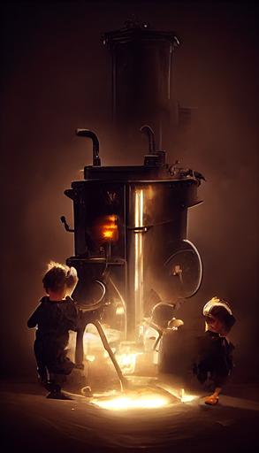 6 year old children shoveling coal into a steampunk boiler, volumetric lighting --ar 9:16 --upbeta