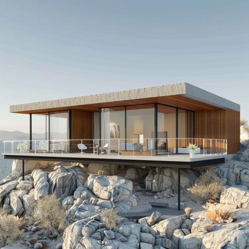 60’ long x 40’ deep x 12’ tall modern rectangle house with 10’ deep deck and 10’ roof overhang along 60’ elevation with vertical wood walls on each side enclosing the deck on two end w glass handrail 42’ high on a Rocky boulder hillside in Joshua tree