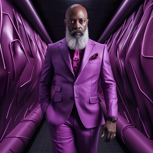 60 year old bald black man, grey and trimmed beard, walking through a different dimension , wearing a purple suit