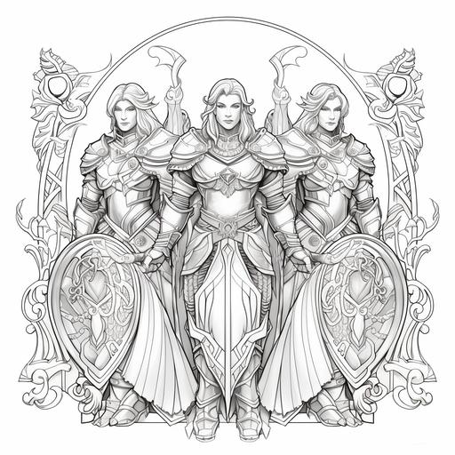 3 cartoon high elves standing in a formation holding very ornate shields in front of them, coloring page, thick lines, no color, no shading