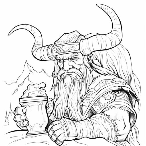 a cartoon viking with a horned helmet drinking from a cow horn, coloring page, thick lines, no color, no shading