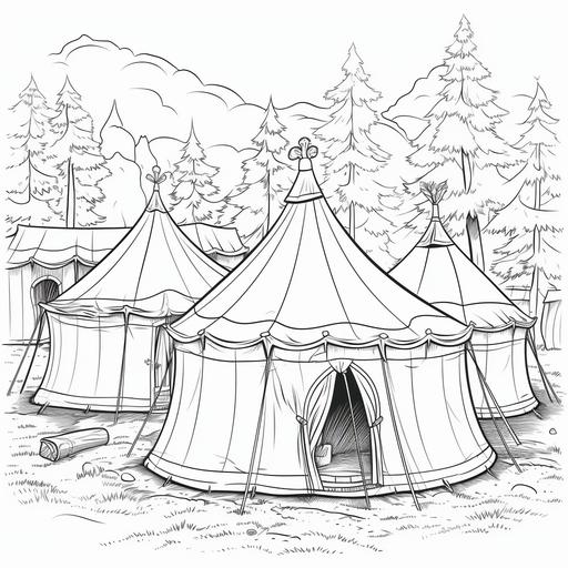 cartoon medieval tents, coloring page, thick lines, no color, no shading