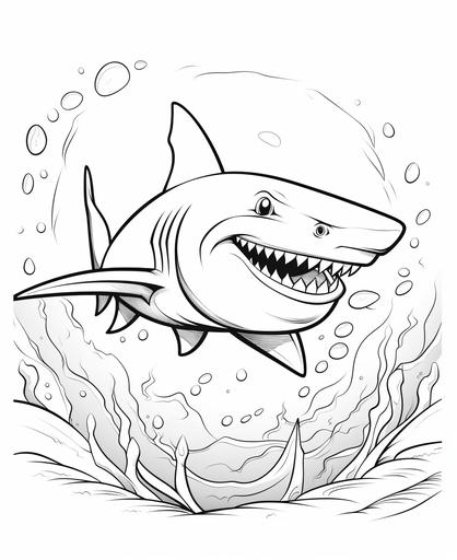 coloring page for kids, shark, cartoon style, character, thick line, low detailm no shading --ar 9:11