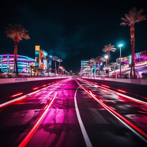 This is a racing track in Las Vegas, no logos at all, neon lights surrounding, presenting an edgy, dynamic, and high fashion vibe