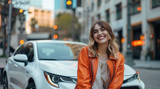 a photo of a stylish happy white woman wearing orange leather jacket, standing next to a white toyota corolla, YONGNUO 85MM F1, low angle shot, spring vibes --style raw --ar 16:9 --v 6.0