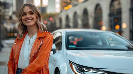 a photo of a stylish happy white woman wearing orange leather jacket, standing next to a white toyota corolla, YONGNUO 85MM F1, low angle shot, spring vibes --style raw --ar 16:9 --v 6.0