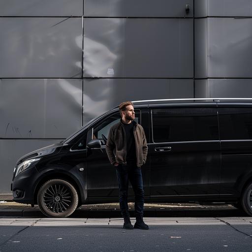 photo of a male 1,80 m tall and a black Mercedes-Benz Vito 1,90 m tall, SONY FE 24-70MM F/2.8 GM LENS, natural day lighting, --style raw --ar 1:1 --v 6.0