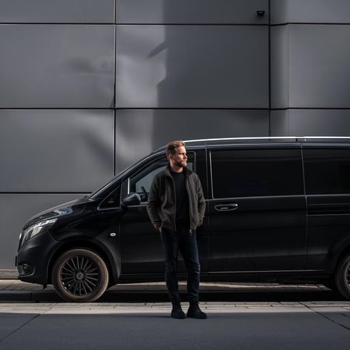 photo of a male 1,80 m tall and a black Mercedes-Benz Vito 1,90 m tall, SONY FE 24-70MM F/2.8 GM LENS, natural day lighting, --style raw --ar 1:1 --v 6.0