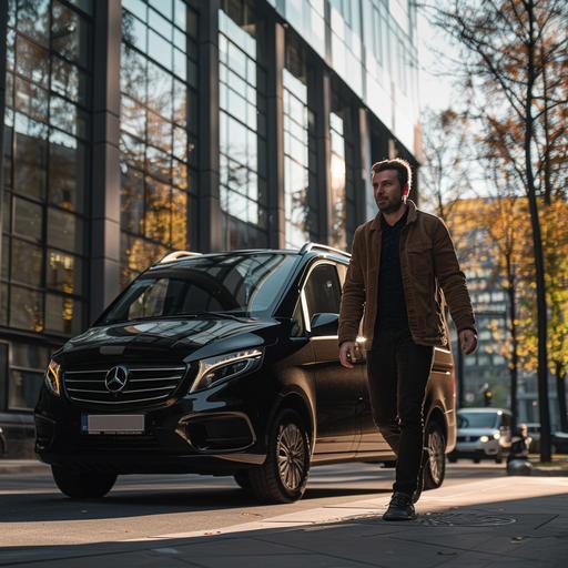 photo of a male 1,80 m tall, walking to a black Mercedes-Benz Vito 1,90 m tall, CANON EF 16-35MM F/2.8L III USM LENS, natural day lighting, --style raw --ar 1:1 --v 6.0