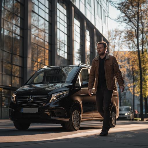 photo of a male 1,80 m tall, walking to a black Mercedes-Benz Vito 1,90 m tall, CANON EF 16-35MM F/2.8L III USM LENS, natural day lighting, --style raw --ar 1:1 --v 6.0