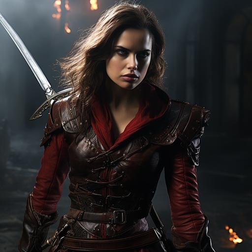 hayley atwell as a hot vampire hunter. Scar lining her face from temple to chin. Red Leather warrior clothing, with a flamed rapier.