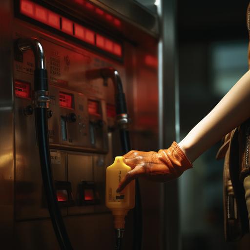 A female gas station worker's hand is about to grab a lever to send an important message through the vibrations and sense of touch. It feels like a dramatic moment within a SCI-FI film, hyper-realistic DUNE colour grading and style, with the texture of film