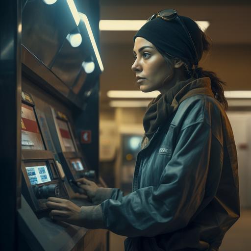 A woman working at a gas station is about to pull a lever, you can only see her hand and you can't see her face. She's about to send an important message through vibrations in her hands. SCI-FI film, hyper-realistic DUNE style colour grading and style. Film