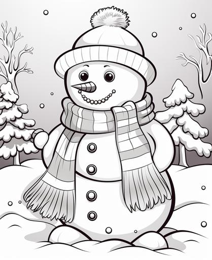 coloring page for kids, snowman, cartoon style, thick line, low detailm no shading --ar 9:11