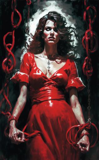 60s pulp fantasy painting, woman curly brown hair, in red night gown, witch, chained , chains, manacles, lock, white paper cranes, full figures, full bodies, legs visible, Death embraces her her, blacks reds , ominous as painted by Basil Gogos --ar 5:8