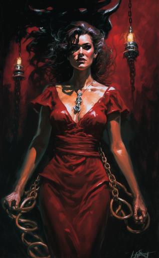 60s pulp fantasy painting, woman curly brown hair, in red night gown, witch, chained , chains, manacles, lock, white paper cranes, full figures, full bodies, legs visible, Death embraces her her, blacks reds , ominous as painted by Basil Gogos --ar 5:8