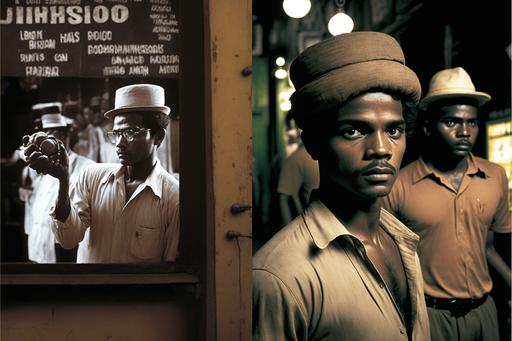 #60s street scene, Mumbai, a hat store. In the window feathered hats. On the entrance door, a poster for a boxing match. Thandiwe Newton stands in front, at night. In the background the front of a bar. Close-up, 1×1, Octane rendering, Kinetic, Hyper detail, 8k, Arriflex 35, Eastman Color Negative I 100T 5247, --ar 3:2