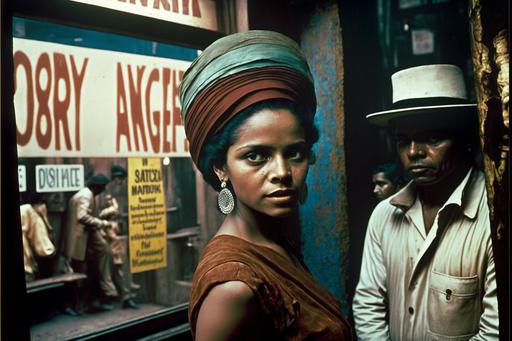 #60s street scene, Mumbai, a hat store. In the window feathered hats. On the entrance door, a poster for a boxing match. Thandiwe Newton stands in front, at night. In the background the front of a bar. Close-up, 1×1, Octane rendering, Kinetic, Hyper detail, 8k, Arriflex 35, Eastman Color Negative I 100T 5247, --ar 3:2