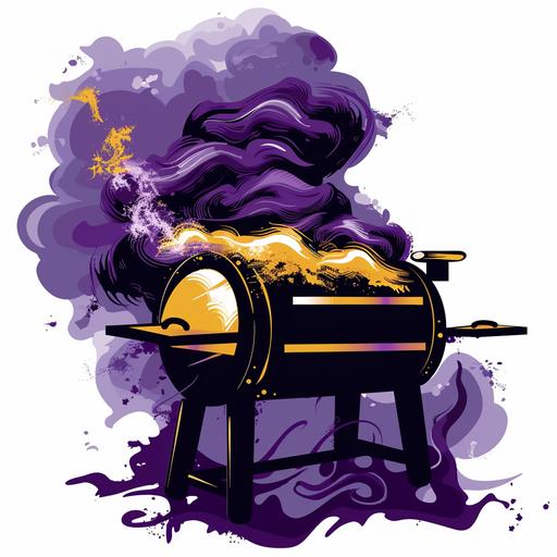 a minimalist black bbq smoker wreathed in purple and gold smoke, vector logo, high resolution