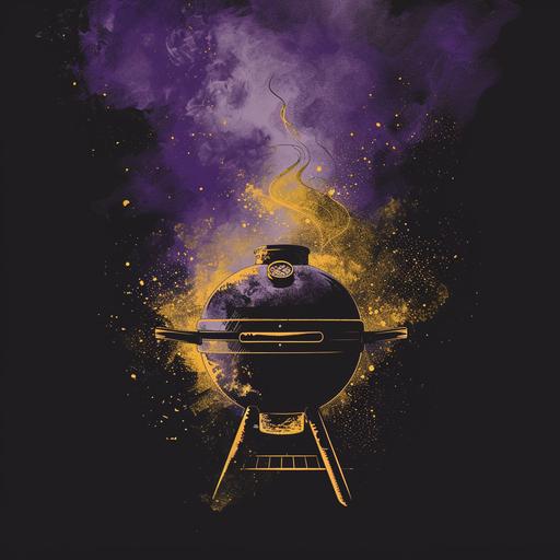 a minimalist black bbq smoker wreathed in purple and gold smoke, vector logo, high resolution but minimal details --chaos 4