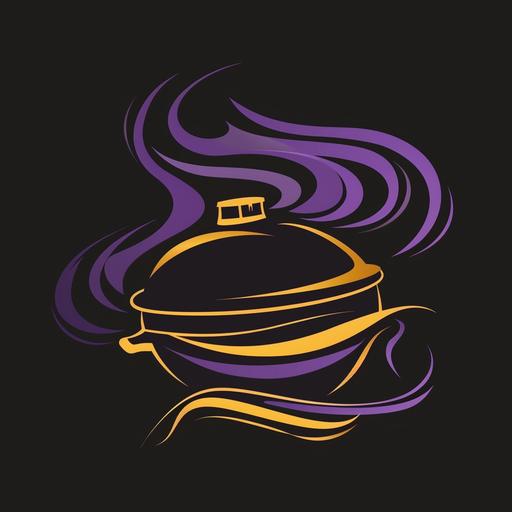 a minimalist black bbq smoker wreathed in purple and gold smoke, vector logo, high resolution but minimal details --style raw