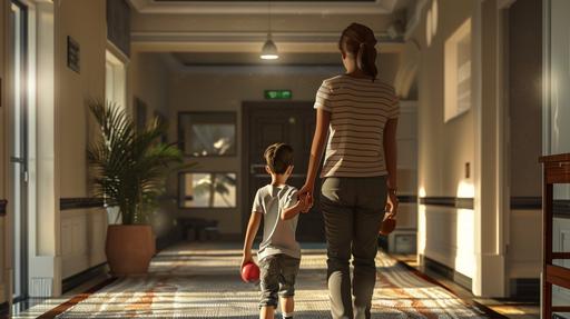 a photorealistic image from behind of a mom holding her 10 year old son's hand while walking towards the exit door of a hotel, he's holding a small red ball on his other hand --ar 16:9