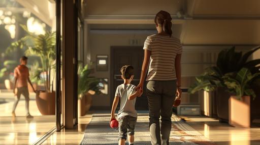 a photorealistic image from behind of a mom holding her 10 year old son's hand while walking towards the exit door of a hotel lobby, he's holding a small red ball on his other hand, in front of them is a pavement and street in a city in the morning --ar 16:9 --v 6.0