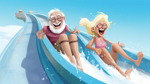 old couple using a water slide cartoon style --ar 16:9