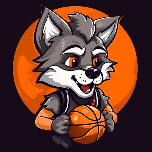 a logo for a youth basketball club. The brand name is „Pilisi Farkasok”. The logo should be simple and minimalistic, shilouette, colors orange and black and white, cartoon wolf cub, smile, happy, lovable, fairy tale character, story for children, pixar