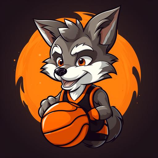 a logo for a youth basketball club. The brand name is „Pilisi Farkasok”. The logo should be simple and minimalistic, shilouette, colors orange and black and white, cartoon wolf cub, smile, happy, lovable, fairy tale character, story for children, pixar