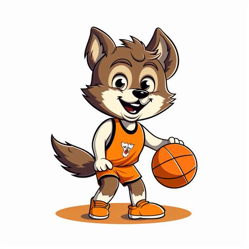 a logo for a youth basketball club. The brand name is „Pilisi Farkasok”. The logo should be simple and minimalistic, shilouette, colors orange and black and white, cartoon wolf cub, smile, happy, lovable, fairy tale character