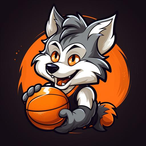 a logo for a youth basketball club. The brand name is „Pilisi Farkasok”. The logo should be simple and minimalistic, shilouette, colors orange and black and white, cartoon wolf cub, smile, happy, lovable, fairy tale character, story for children, pixar