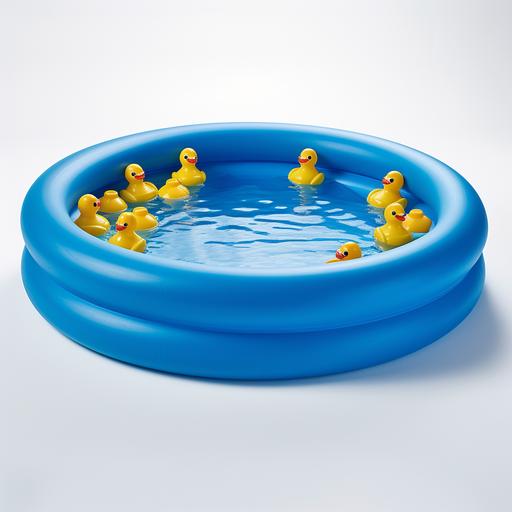 a buch of diverse young kids holding toy fishing rods into one small blue round inflatable pool. This inflatable pool is empty with no water, just full of yellow rubber ducks. The background is a blank white room. Pool should look something like this: