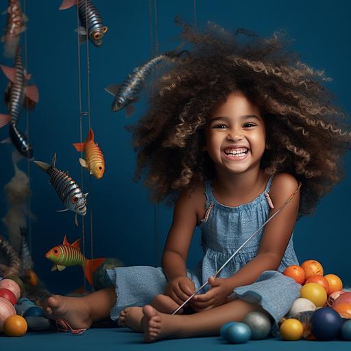 a photo of happy young girl with long curly afro hair. The girl is holding a toy fishing rodas she is playing indoors.