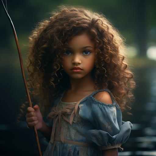 a realistic photo of young girl with long curly afro hair, two bows in her hair and she is holding a toy fishing rod. She should not be holding a fish but just the fishing rod toy and playing with it. Background of the photo should be white.