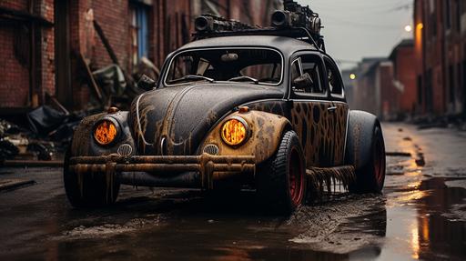 Realistic photograph captured with a Canon Rebel T7 camera, equiped with a 85 mm lens at F 2.4 aperture setting, portraying a 1954 hot rod Volskwagen bettle in an apocalyptic street surrounded by zombies. The image should capture every reflection on the car's polished surface. --ar 16:9 --v 5.2 --style raw --s 250