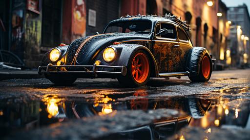 Realistic photograph captured with a Canon Rebel T7 camera, equiped with a 85 mm lens at F 2.4 aperture setting, portraying a 1954 hot rod Volskwagen bettle in an apocalyptic street surrounded by horror elements. The image should capture every reflection on the car's polished surface. --ar 16:9 --v 5.2 --style raw --s 250