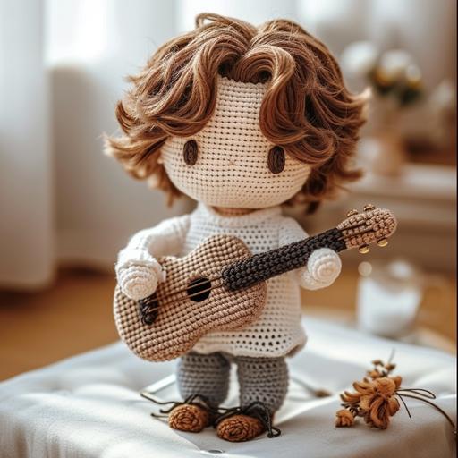 crochet doll of korean man playing guitar on music studio, brown straight hair, white long sleeve shirts, grey pants, and dark brown shoes, cute --v 6.0